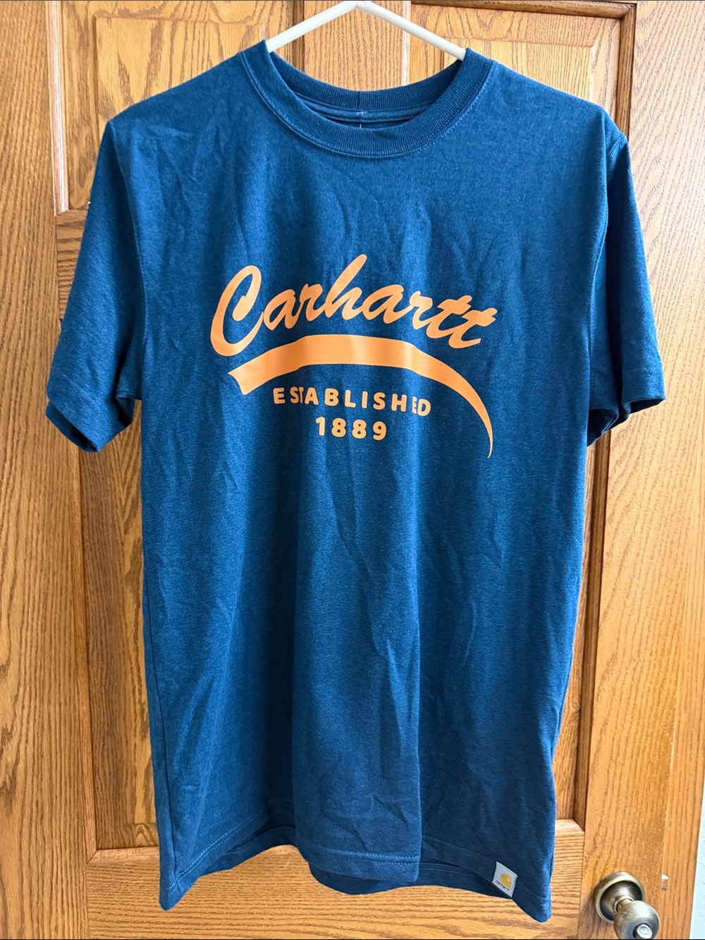 Carhartt Teal Short-Sleeve Logo Tee with Orange Print